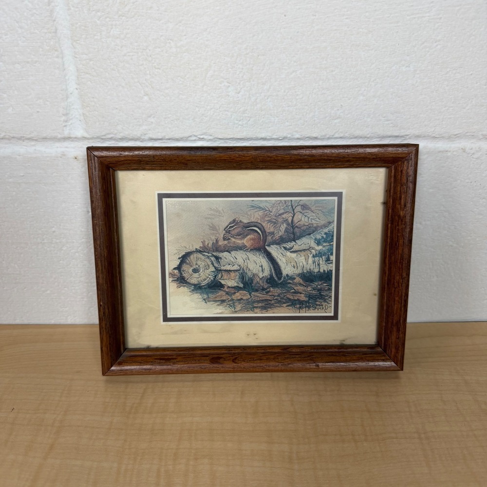 Vtg R. Negaard Chipmunk Wildlife Art Framed 1984 Birch Log Cabin Core Decor 8x6"